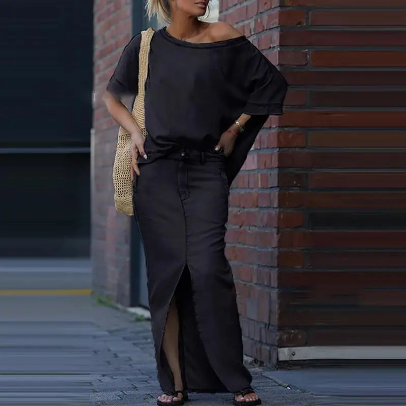 Conjunto Capri Bleu™ com Blusa Assimétrica  e Saia em Jeans Leve