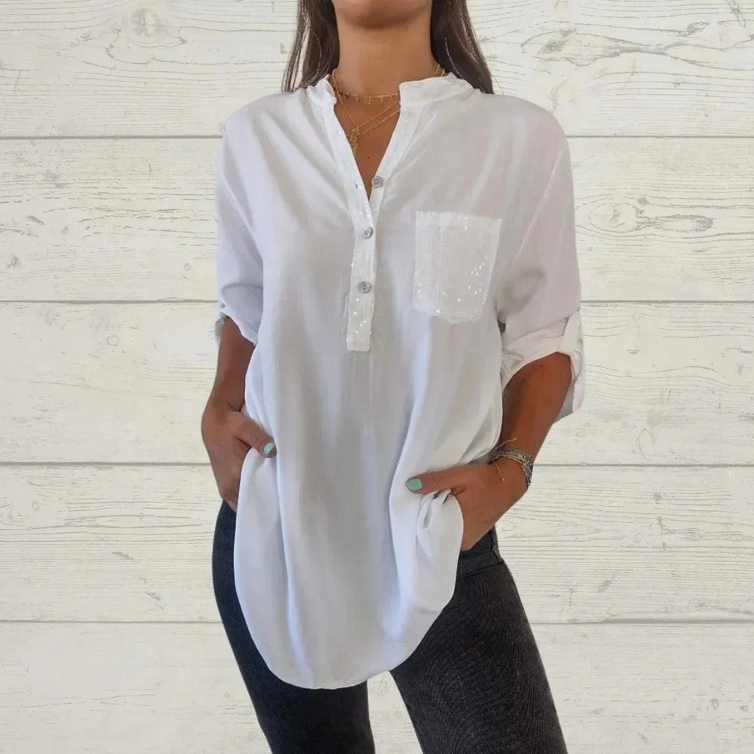 [COMPRE 1 E LEVE 2] Blusinha Salafiori™ com Caimento Solto e Detalhes em Strass Reluzente / Sofisticação e Conforto que Encantam!