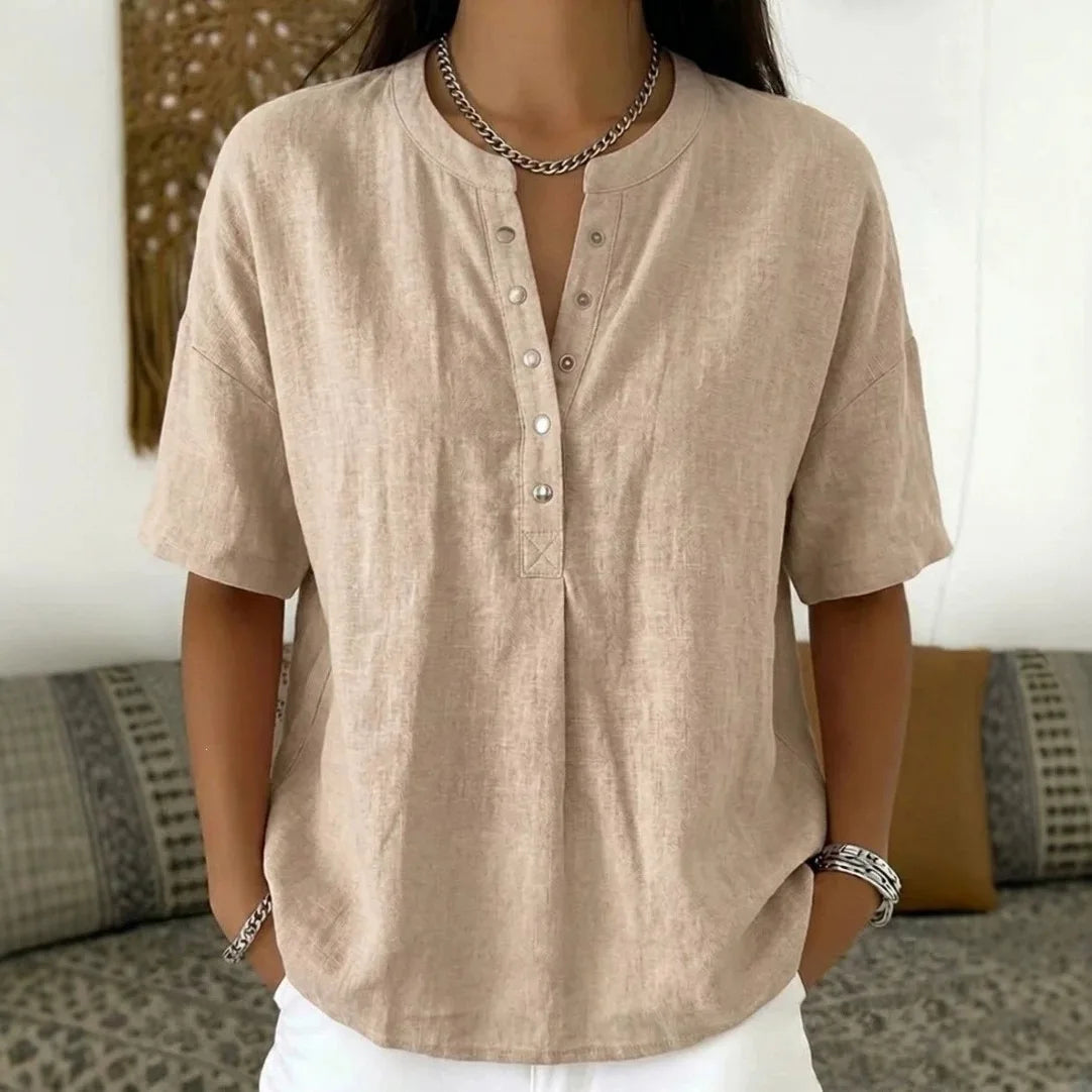 [COMPRE 2 E LEVE 3] Blusa Ambrina™ em Linho de Algodão com Botões Frontais Delicados na Gola e Modelagem Ampla