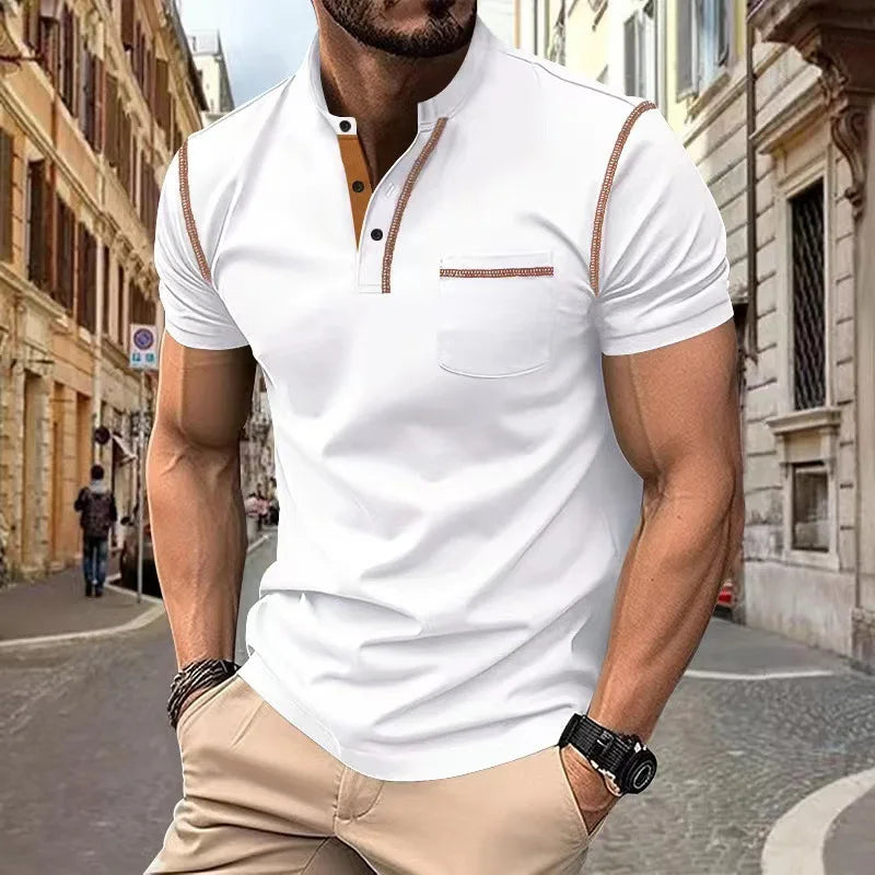 Camiseta Casual Torvani™ com Gola Padre e Acabamento Contrastante / Fácil de Combinar do Jeans à Alfaiataria