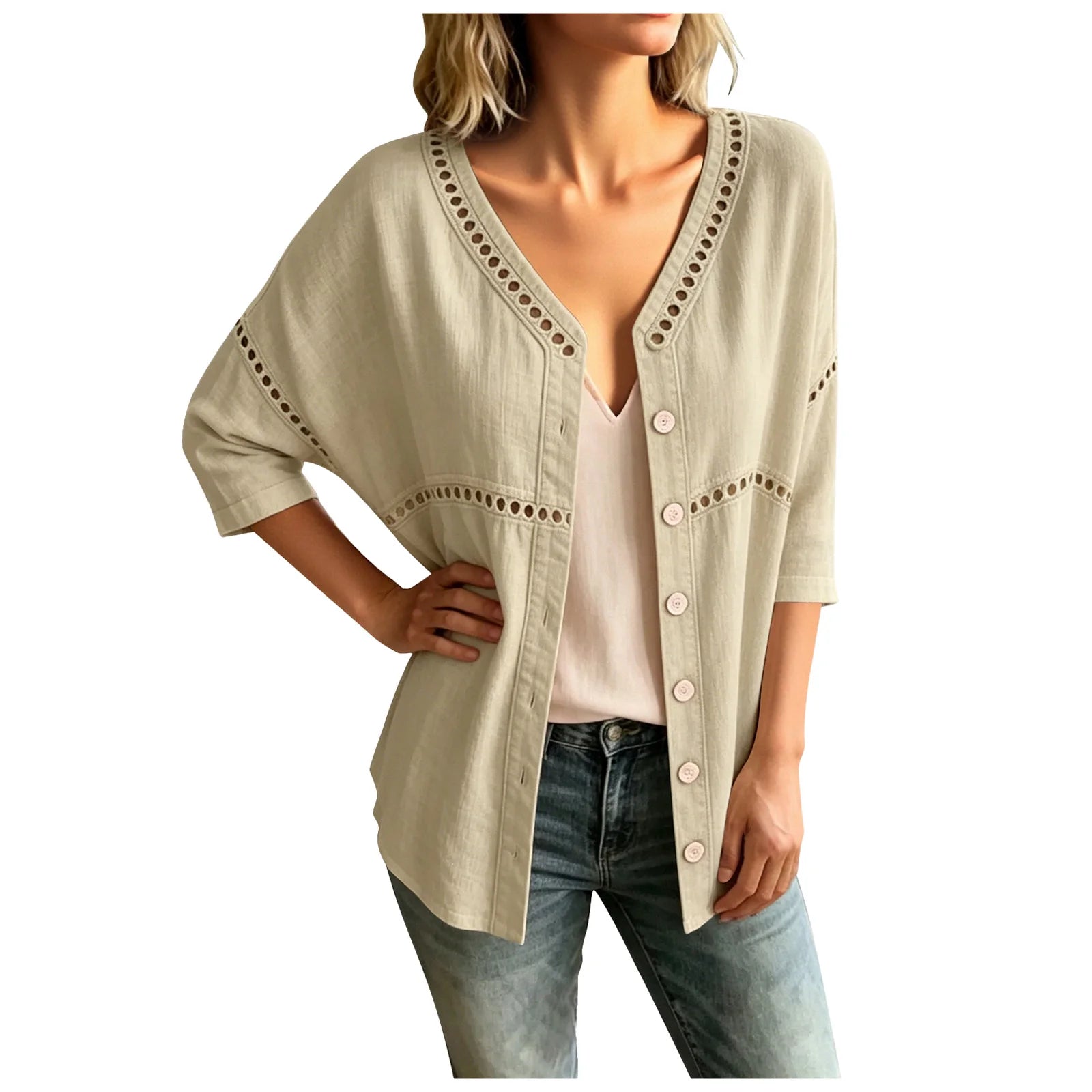 Cardigan Marelia™ Em Linho De Algodão Com Detalhes Vazados E Decote Em V / Sofisticação Exclusiva Inspirada No Mediterrâneo