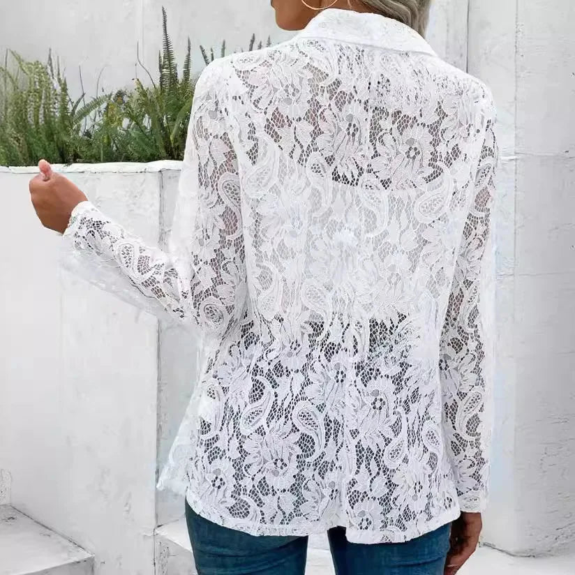 Blazer Lunavie™ com Renda Vazada Elegante e Transparência Delicada / Sofisticação Que Eleva Qualquer Produção