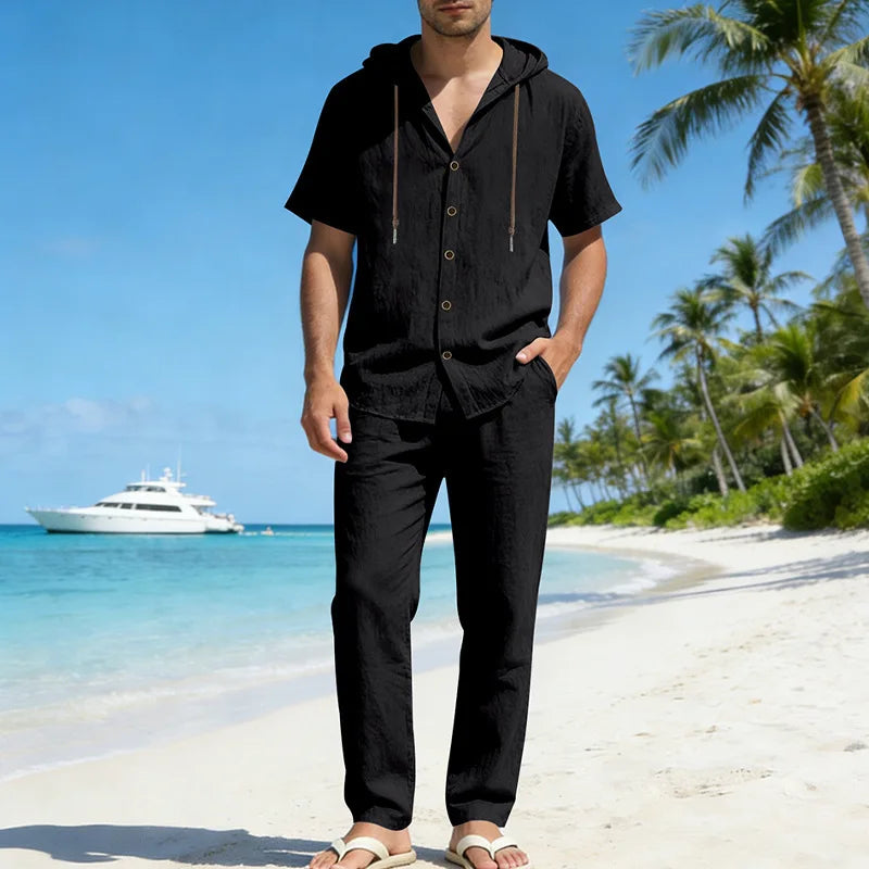 Conjunto Sorrento™ em Linho de Algodão com Camisa de Capuz e Calça Ajustável