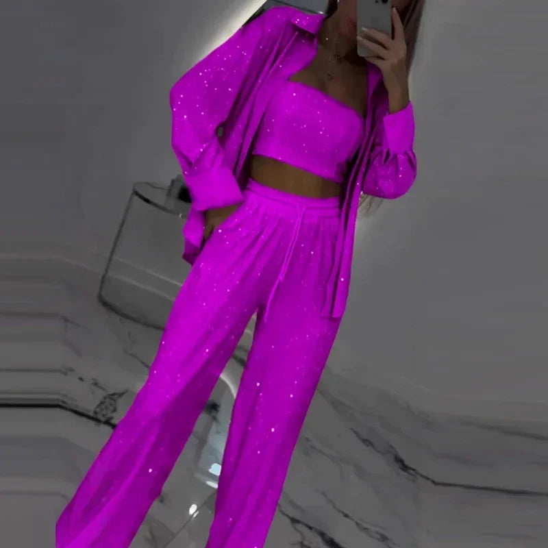 Conjunto Midnight™ com Pantalona, Top e Camisa Brilhante / O Glamour Moderno em Movimento!