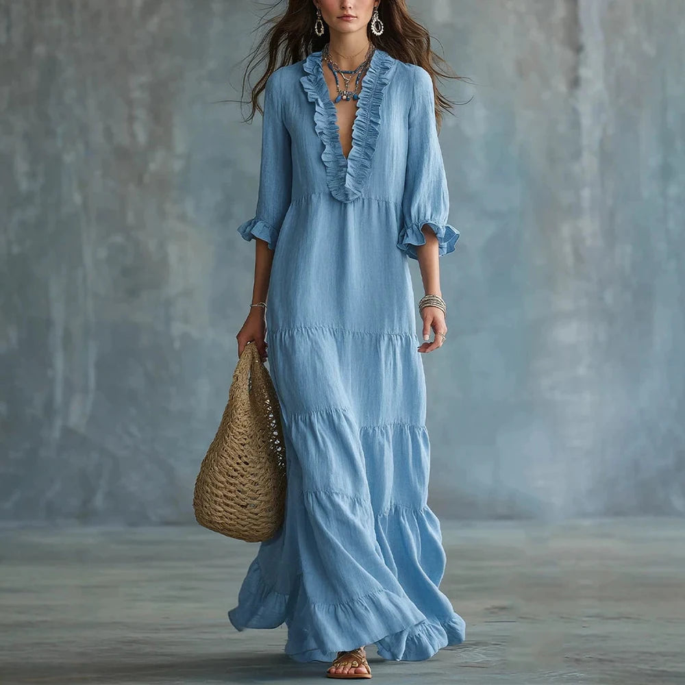Vestido Elviane™ Longo com Decote V de Babados, Saia em Camadas e Mangas 3/4