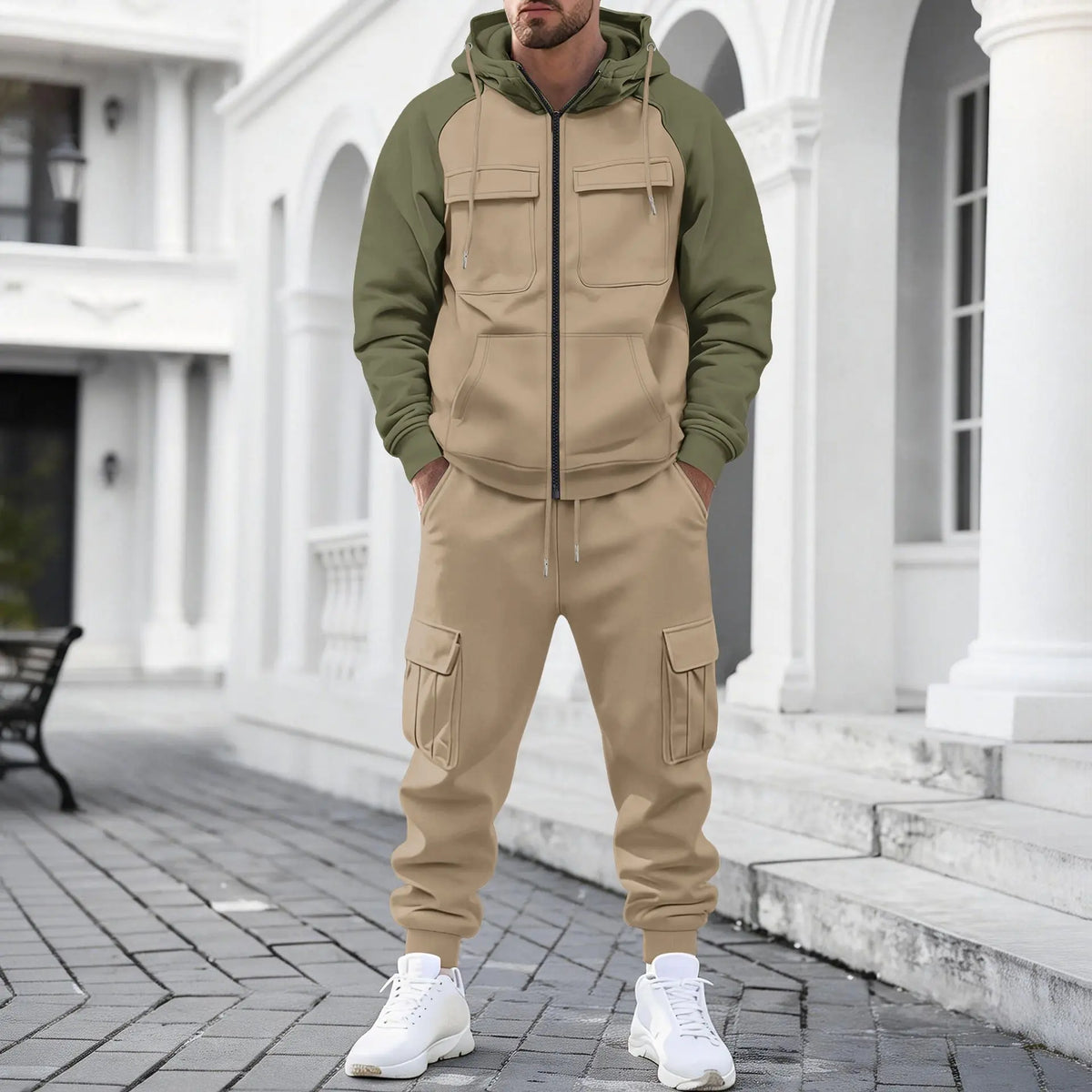 Conjunto Lennox™ com Jaqueta Bicolor de Zíper Metálico e Calça Cargo Jogger / Contraste Marcante e Corte Esportivo Para Um Visual Mais Imponente