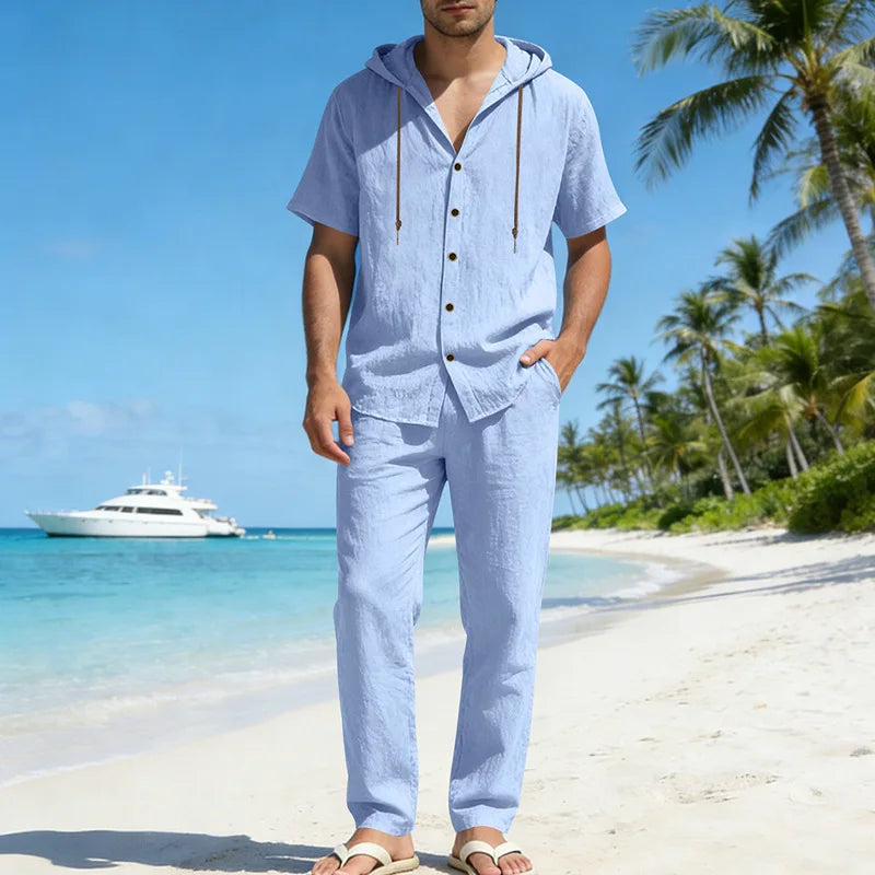 Conjunto Sorrento™ em Linho de Algodão com Camisa de Capuz e Calça Ajustável