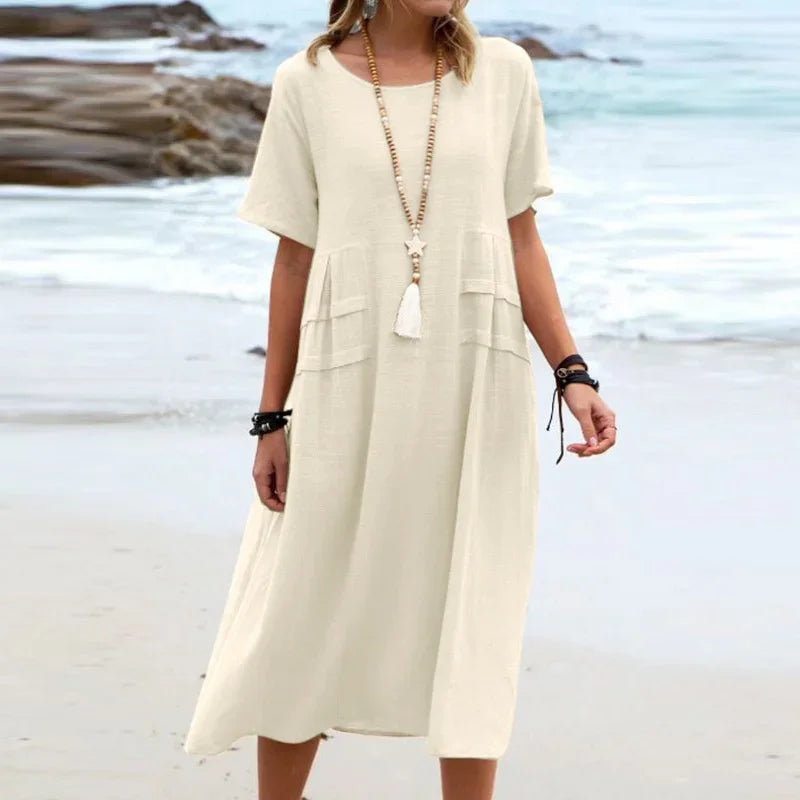 Vestido Alessia™ em Linho de Algodão com Detalhes em Camadas nas Laterais / Elegância Casual Para Diferentes Ocasiões