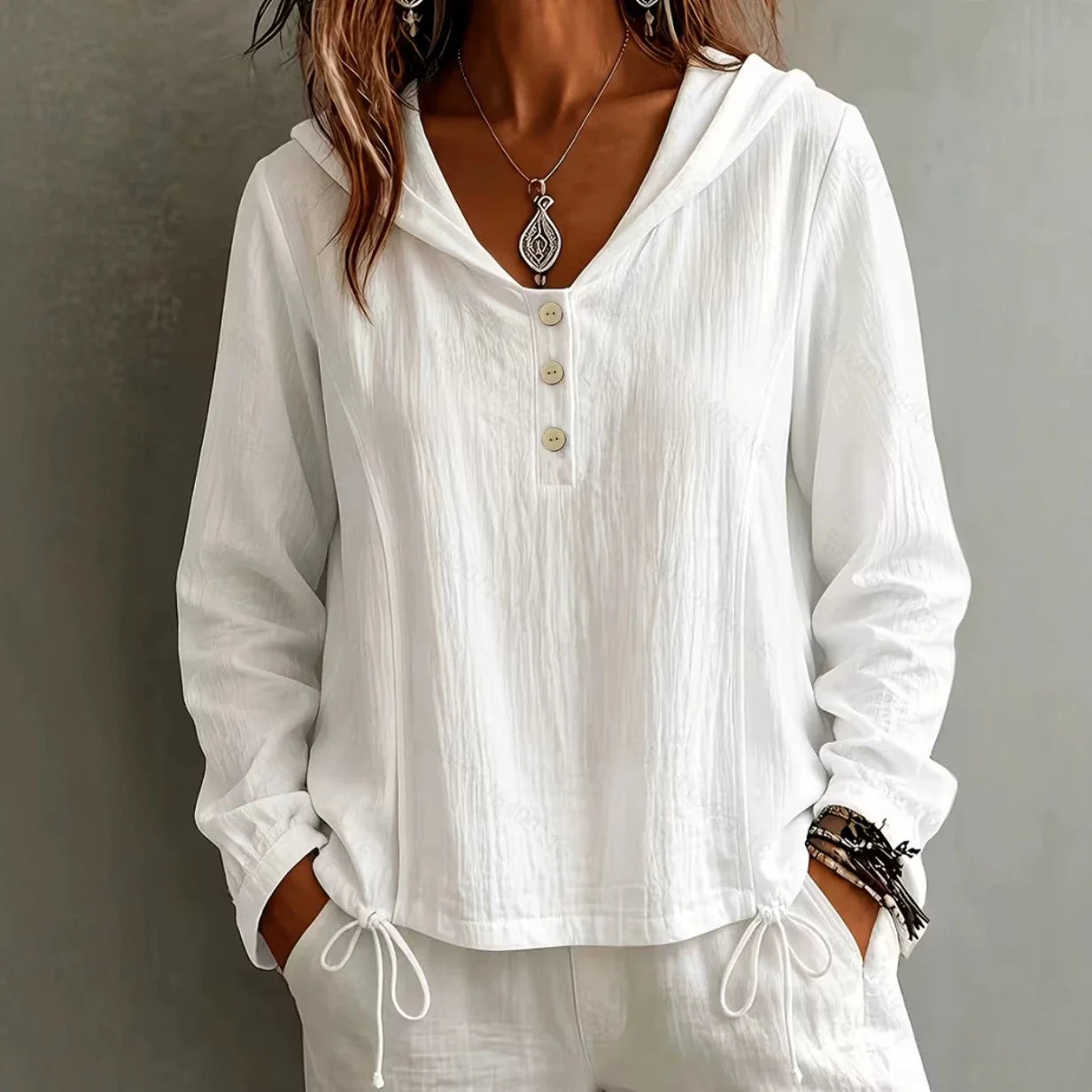 Blusa Luara™ com Capuz e Botões Frontais / Um Visual Leve Para os Dias Amenos