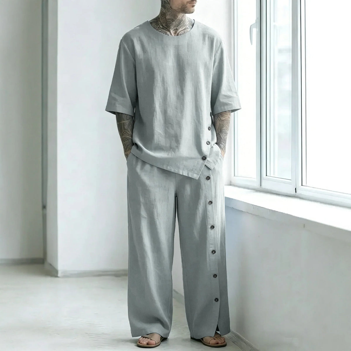 Conjunto Alessio™ com Camiseta Oversized, Calça de Modelagem Ampla e Fileira de Botões Laterais / Um Visual Minimalista com Detalhes Que Fazem Toda a Diferença