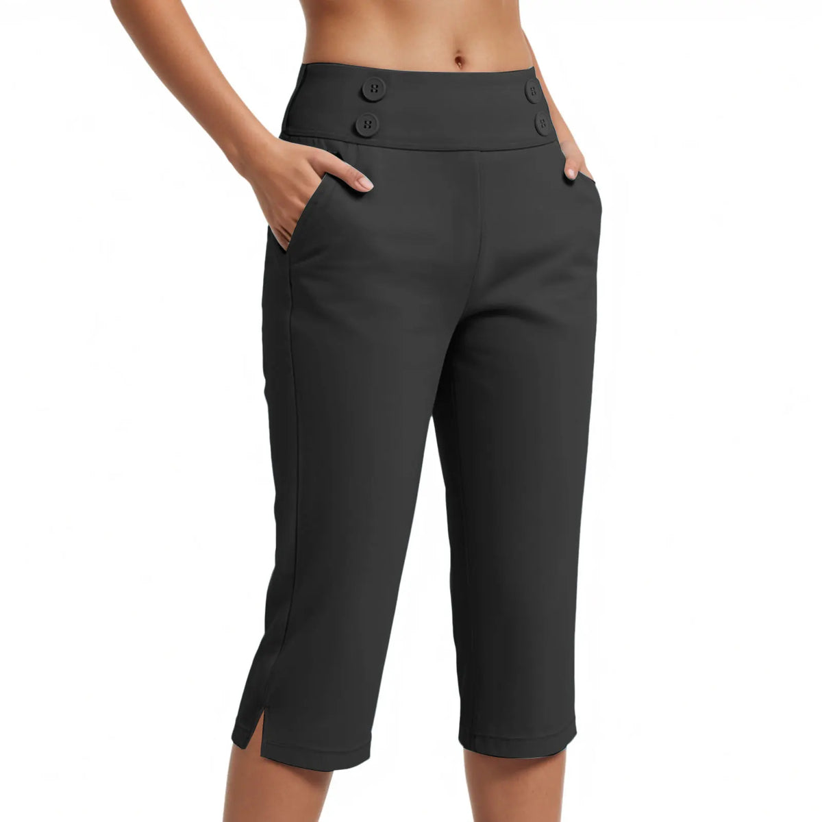 Calça Capri Simone™ com Botões Decorativos no Cós, Cintura Alta e Bolsos Laterais