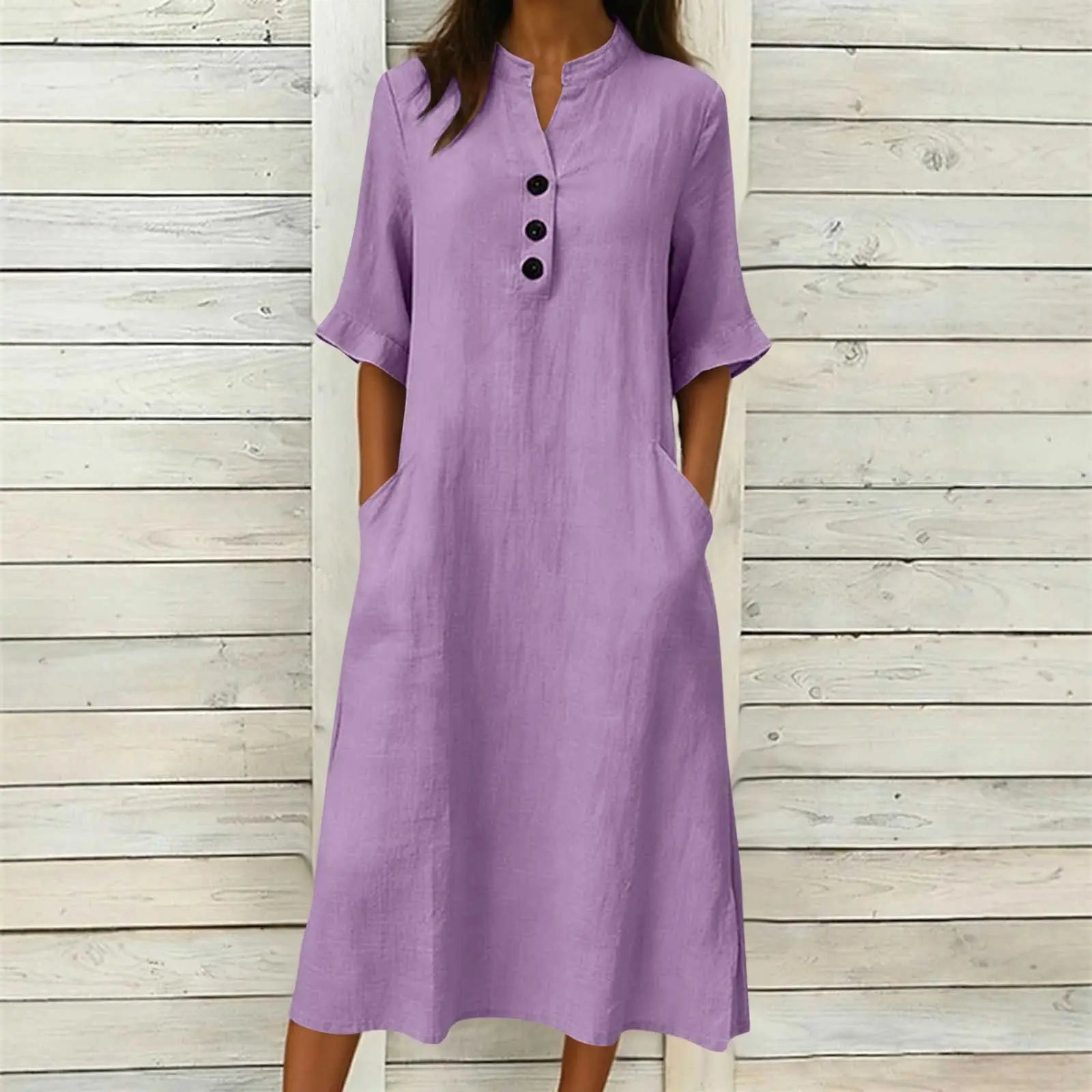 Vestido Elaine™ em Algodão com Gola Mandarim, Botões Frontais e Bolsos Laterais