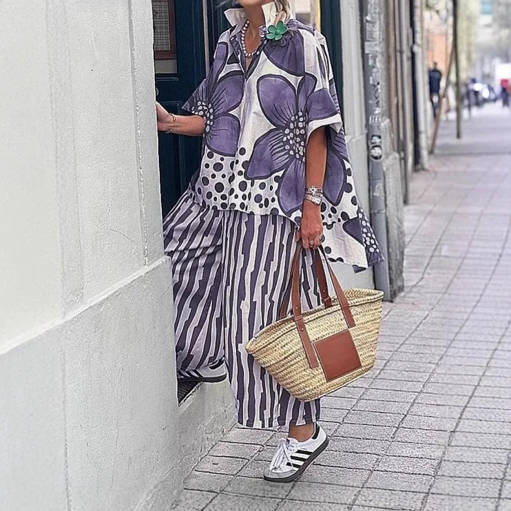 Conjunto Vionelle™ Com Camisa Floral Estampada E Calça Listrada De Caimento Solto / Visual Artístico Com Presença