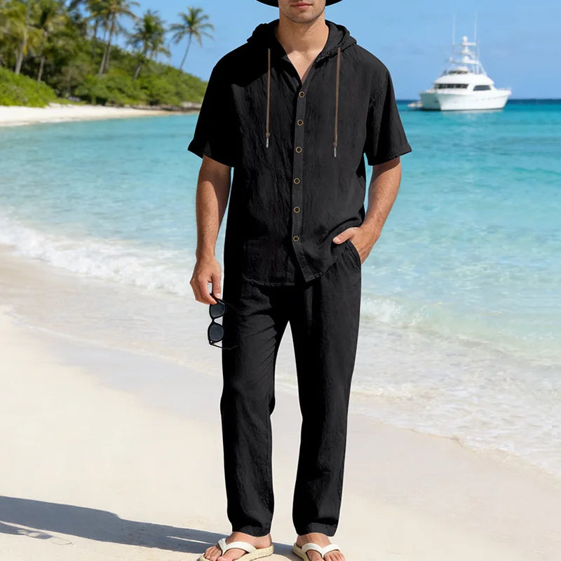 Conjunto Sorrento™ em Linho de Algodão com Camisa de Capuz e Calça Ajustável
