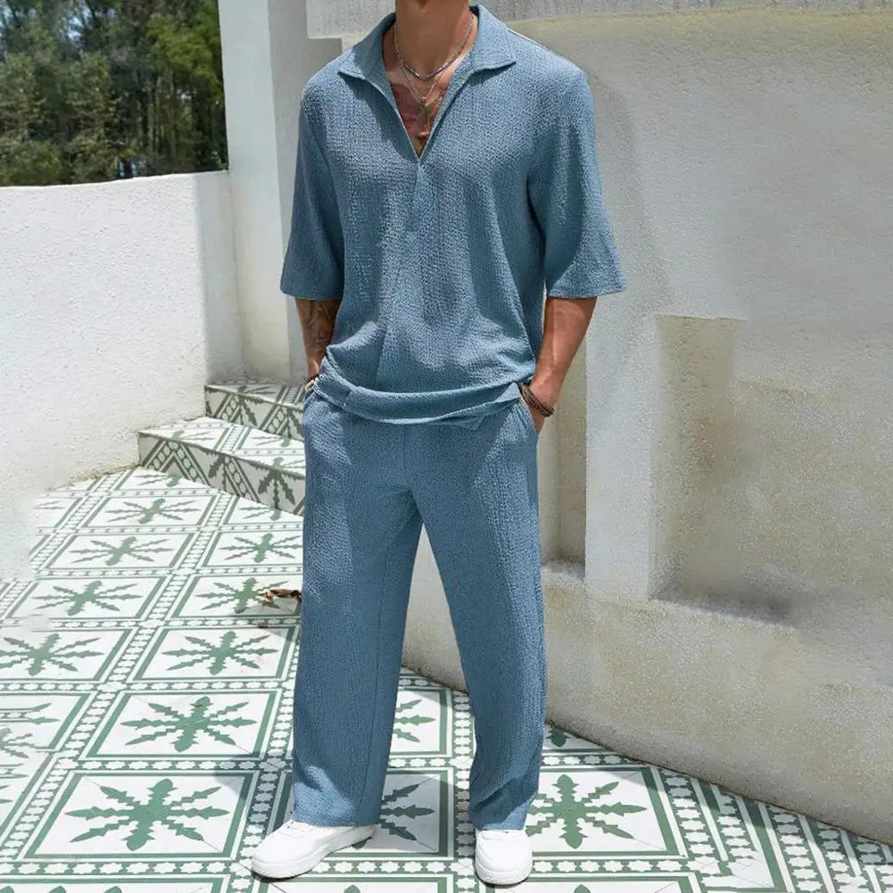 Conjunto Helsinki™ em Viscose Texturizada com Gola Polo e Estética Old Money