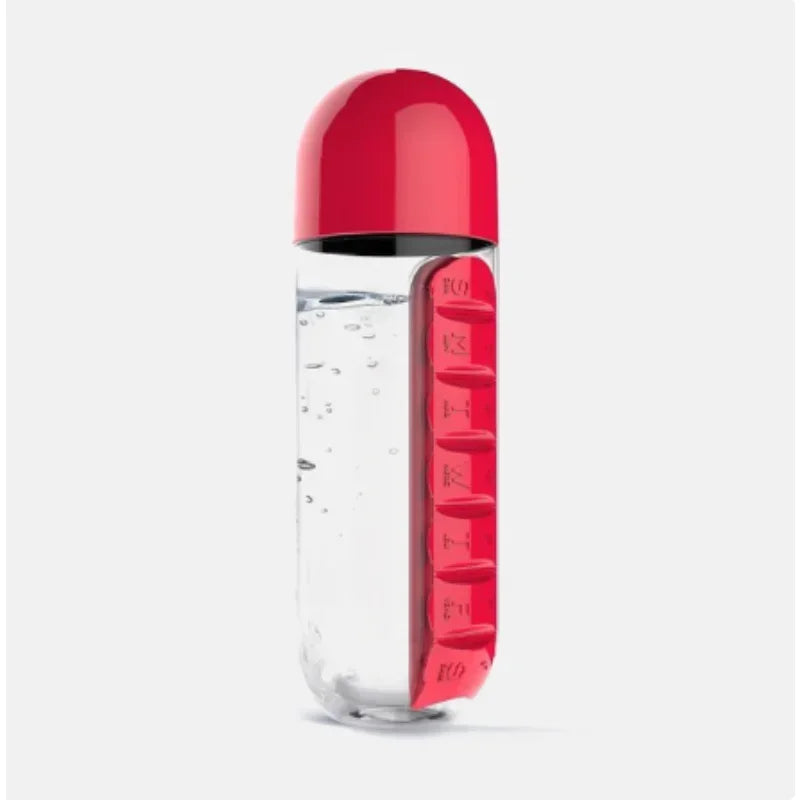 Garrafa AquaOrganize™ com Compartimentos para Remédios e Suplementos / Cuide da Sua Saúde com Estilo e Facilidade!
