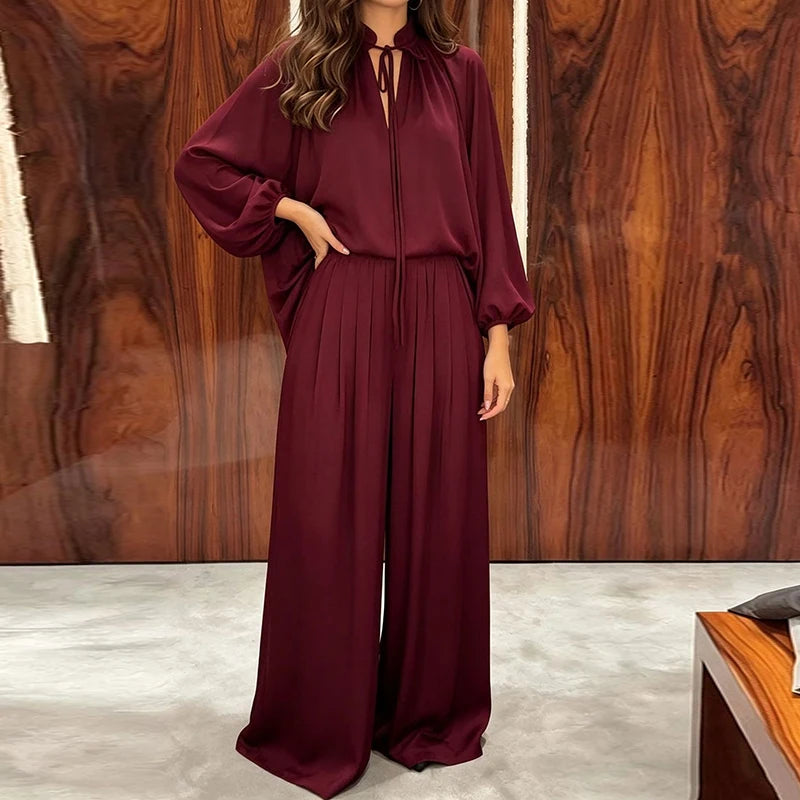 Conjunto Eleonora™ com Blusa de Gola Laço Esvoaçante e Mangas Amplas