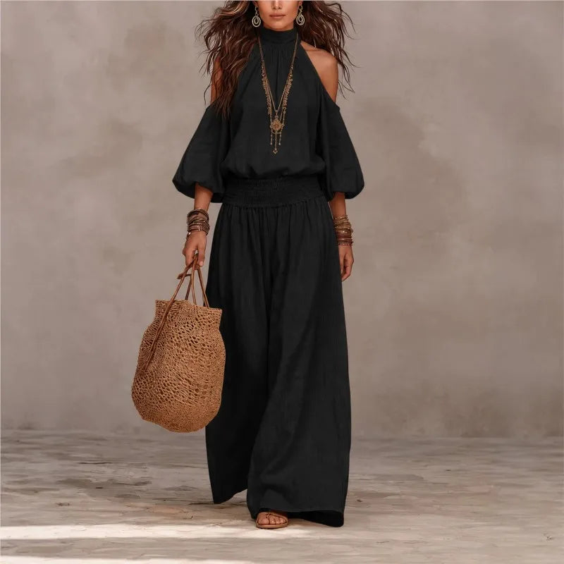 Conjunto Elisia™ com Blusa de Ombros Vazados e Calça Pantalona de Cós Elástico
