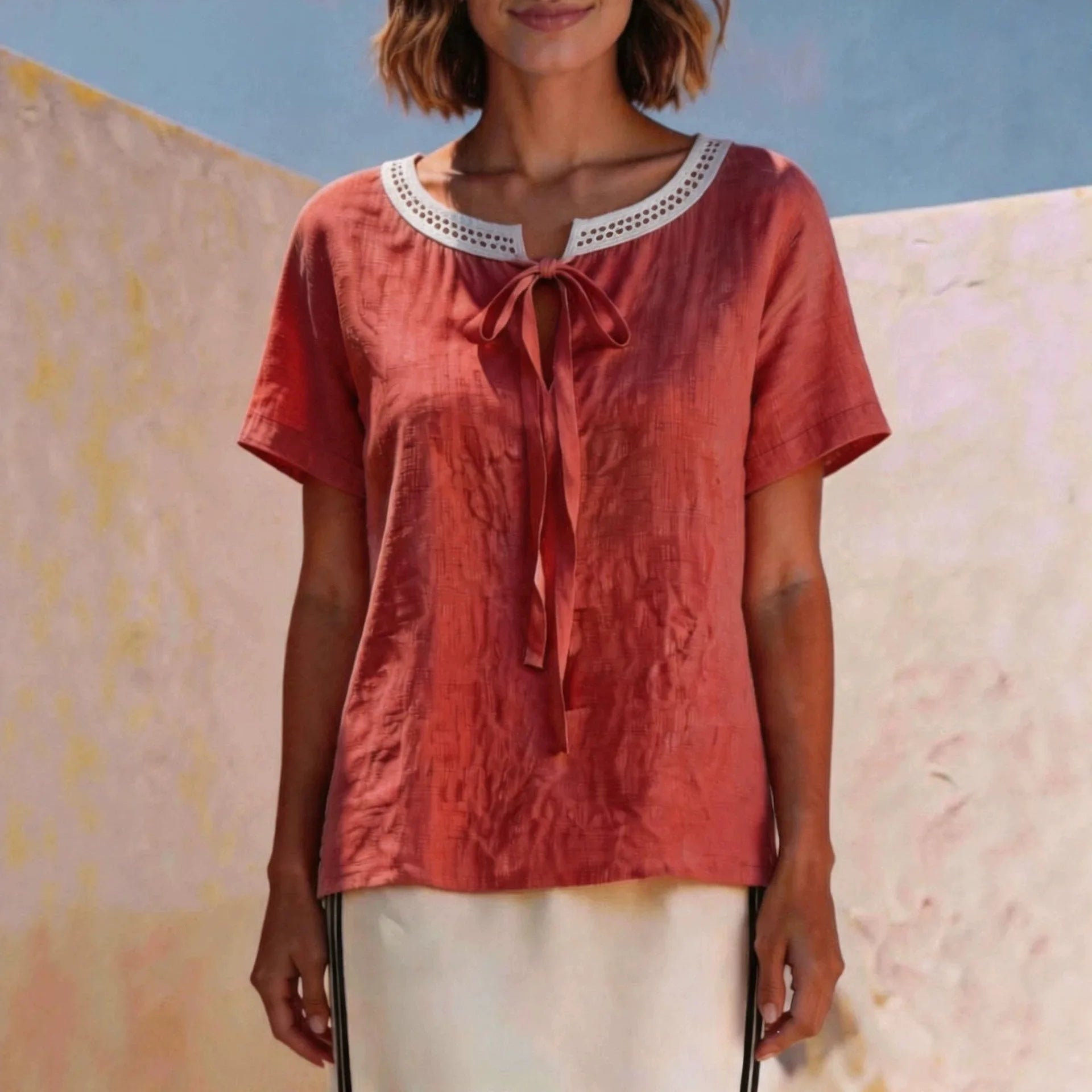 Blusa Valisse™ com Amarração em Laço e Acabamento Vazado no Decote