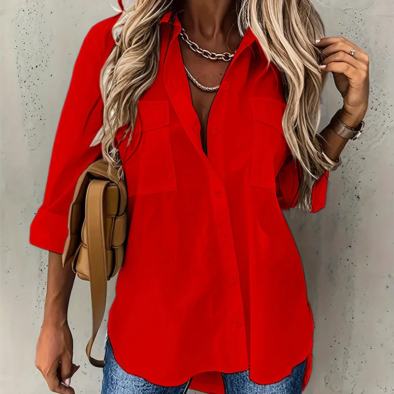 Camisa Lisanne™ Com Bolsos Frontais No Busto e Caimento Solto / Leveza Que Veste Sem Marcar