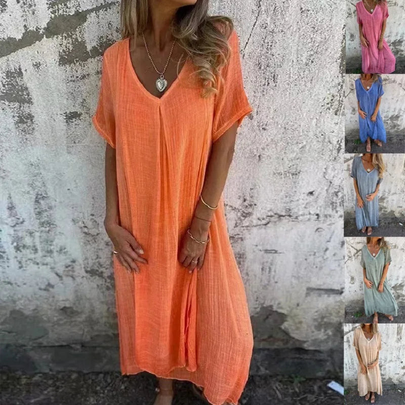 Vestido Serena™ com Caimento Solto e Gola V / Conforto Leve e Estilo Natural para Qualquer Ocasião!