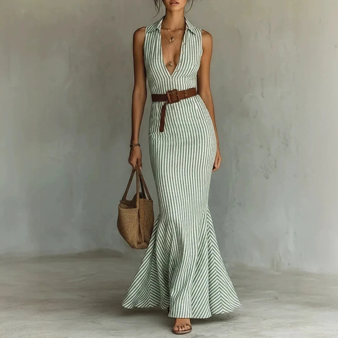 Vestido Seravina™ com Listras Verticais Charmosas e Cinto de Brinde / Presença Feminina Que Marca O Visual