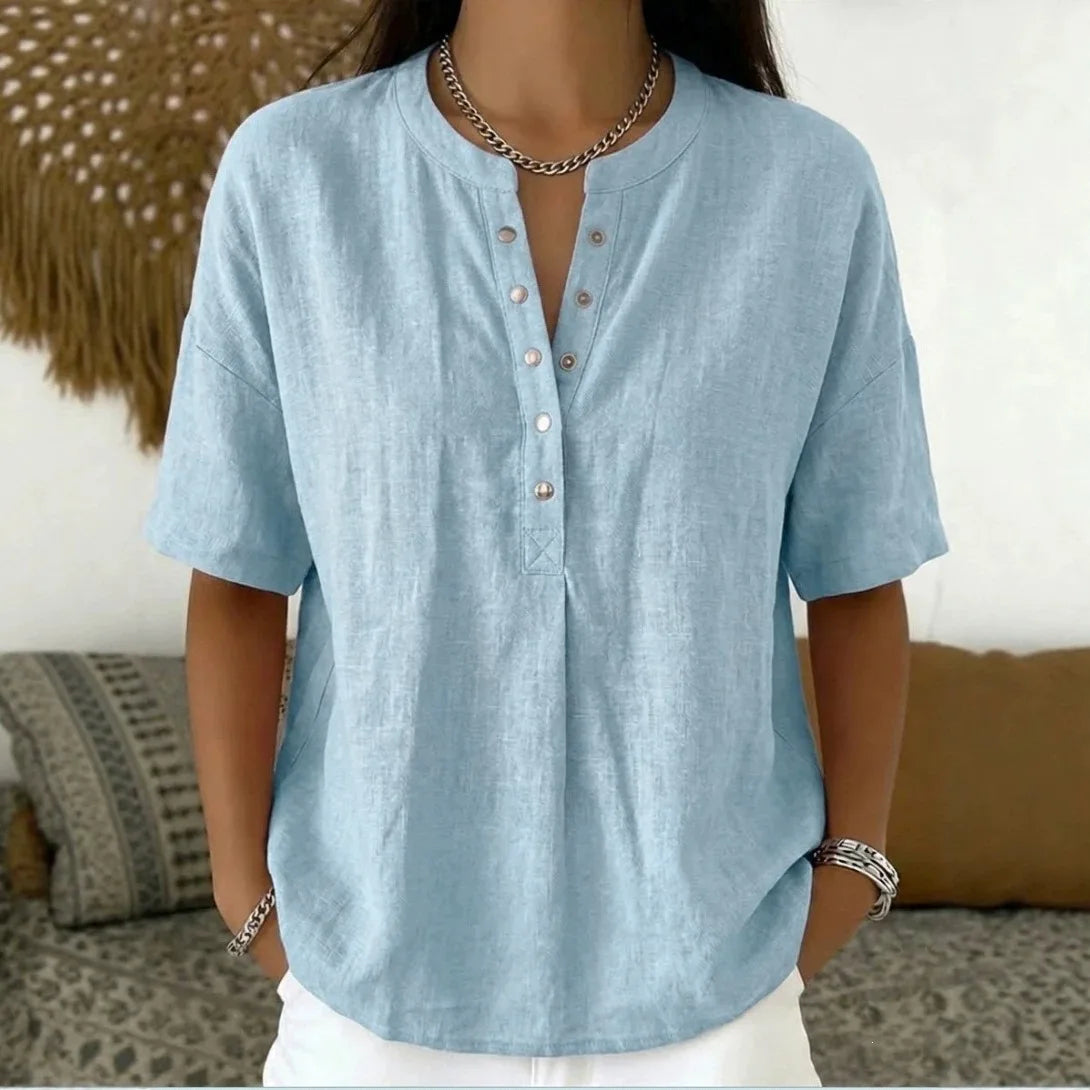 [COMPRE 2 E LEVE 3] Blusa Ambrina™ em Linho de Algodão com Botões Frontais Delicados na Gola e Modelagem Ampla