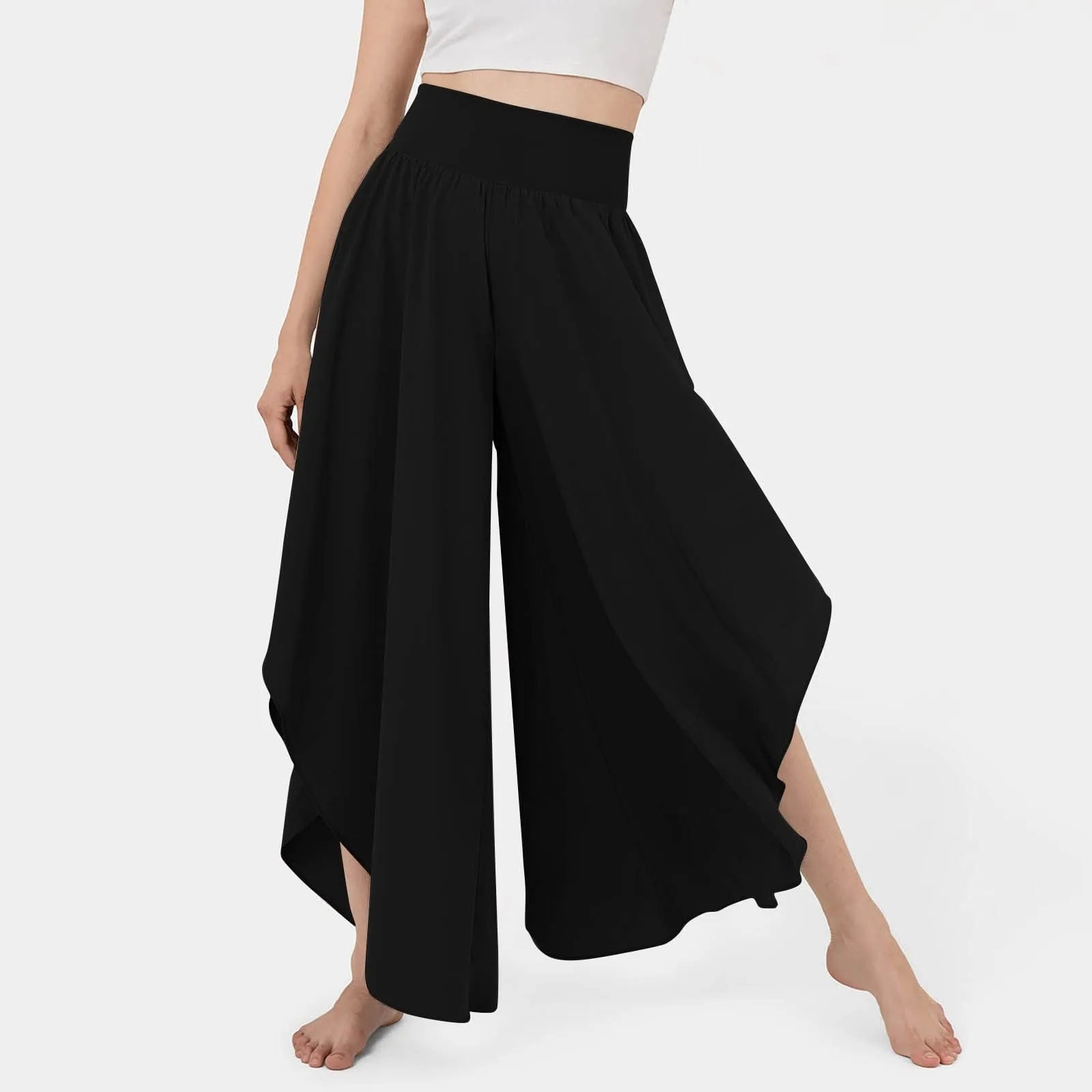 Calça Marvelle™ com Cintura Alta Marcada e Modelagem Pantalona com Recortes Assimétricos / A Fluidez De Uma Saia Com A Praticidade De Uma Calça