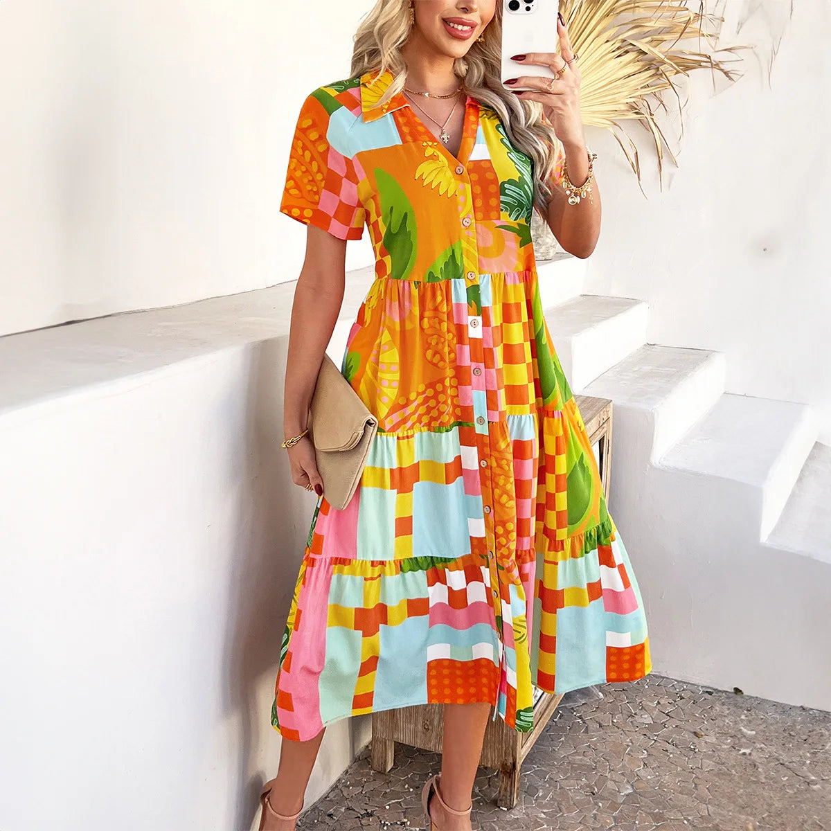 Vestido Bonjour™ Com Gola Camisaria e Estampas Exclusivas / Alegria e Elegância em Uma Só Peça!
