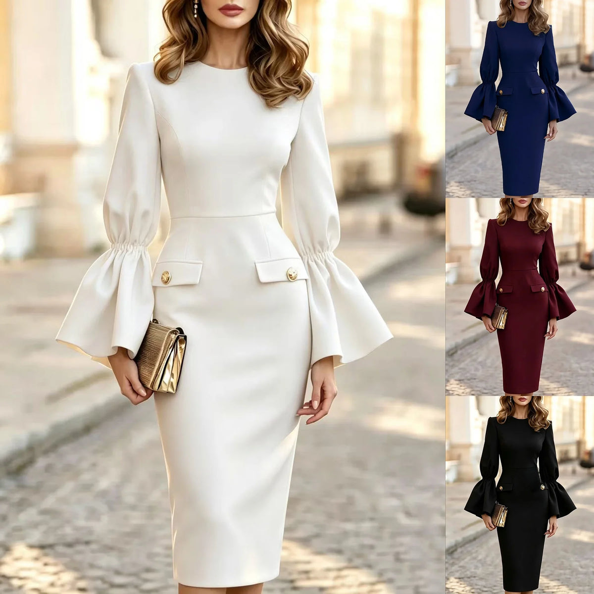 Vestido Mantova™ com Cintura Marcada, Mangas Sino e Bolsos com Aba