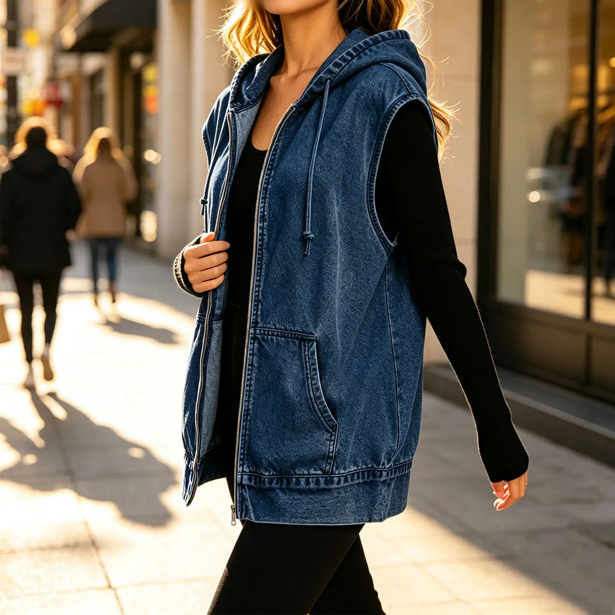 Colete Jeans Norella™ com Capuz Ajustável, Zíper Frontal e Modelagem Oversized