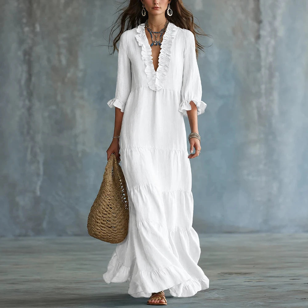 Vestido Elviane™ Longo com Decote V de Babados, Saia em Camadas e Mangas 3/4