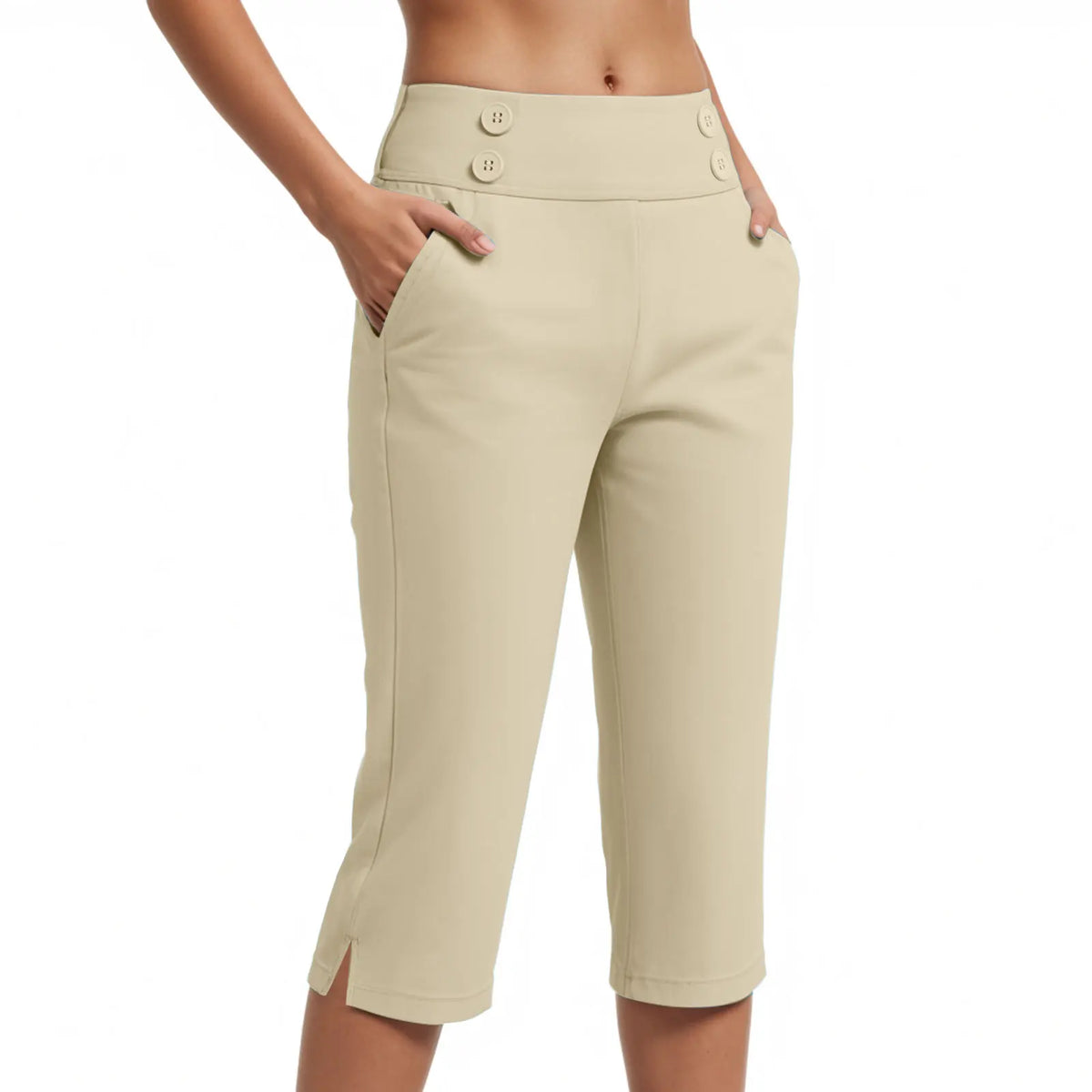Calça Capri Simone™ com Botões Decorativos no Cós, Cintura Alta e Bolsos Laterais