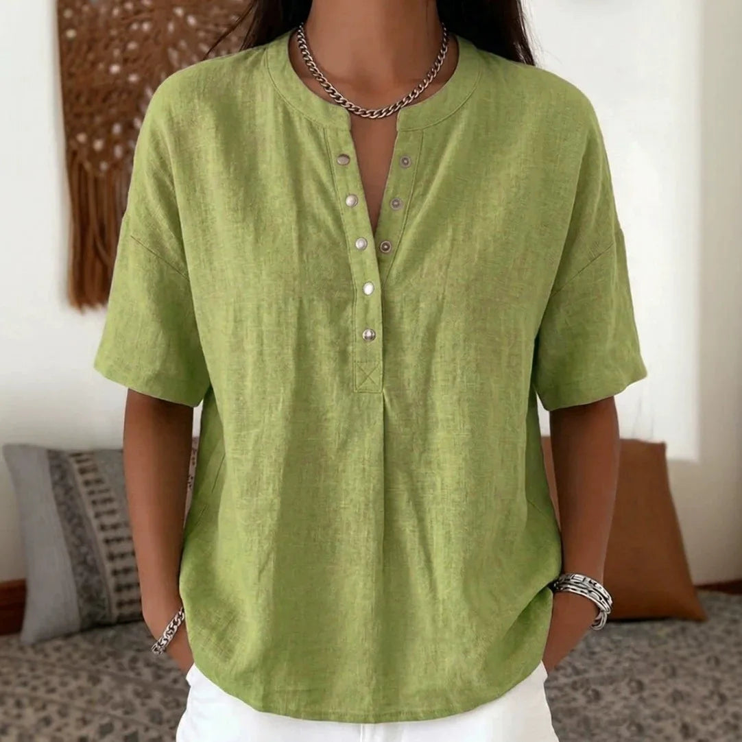 [COMPRE 2 E LEVE 3] Blusa Ambrina™ em Linho de Algodão com Botões Frontais Delicados na Gola e Modelagem Ampla