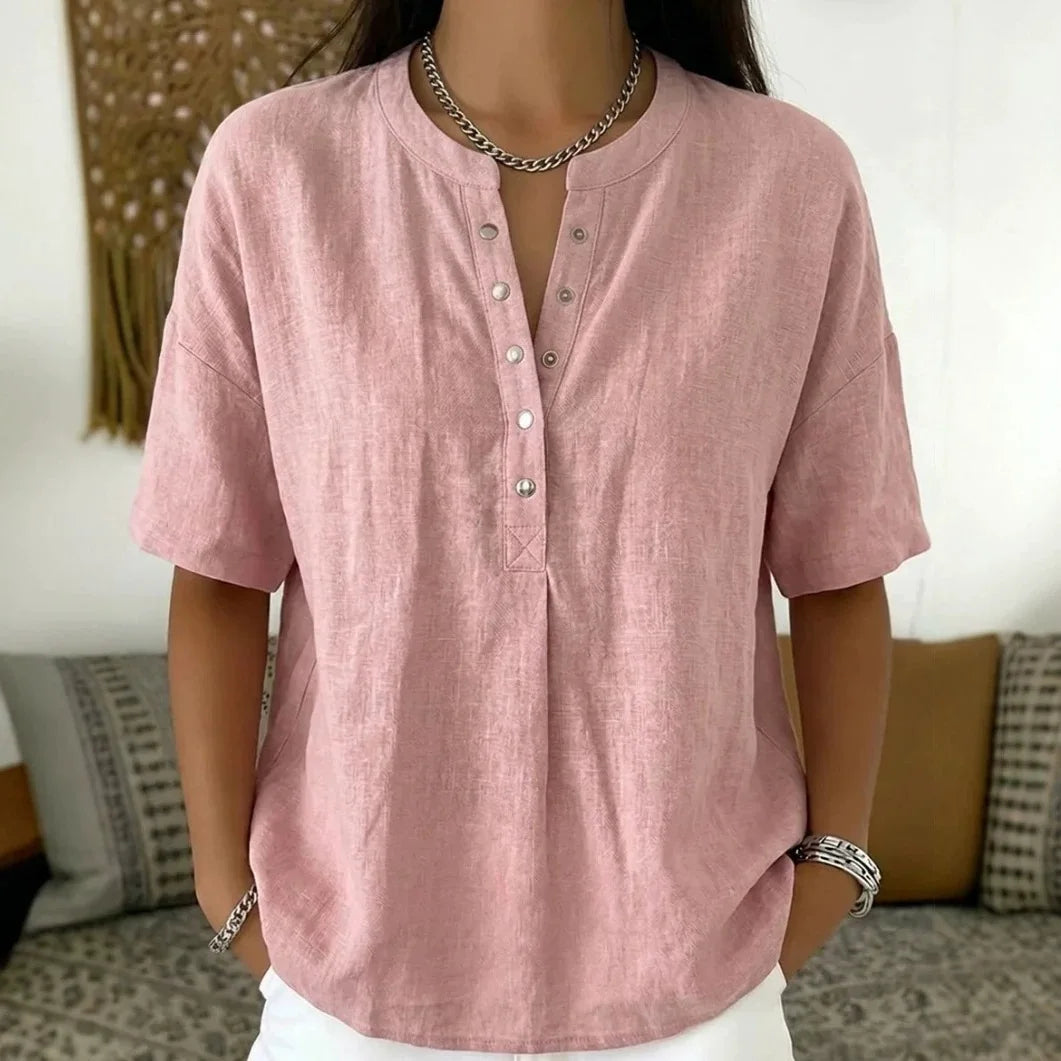 [COMPRE 2 E LEVE 3] Blusa Ambrina™ em Linho de Algodão com Botões Frontais Delicados na Gola e Modelagem Ampla