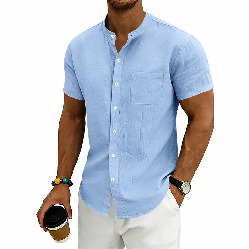 Camisa Montese™ Em Linho de Algodão Com Gola Mandarim