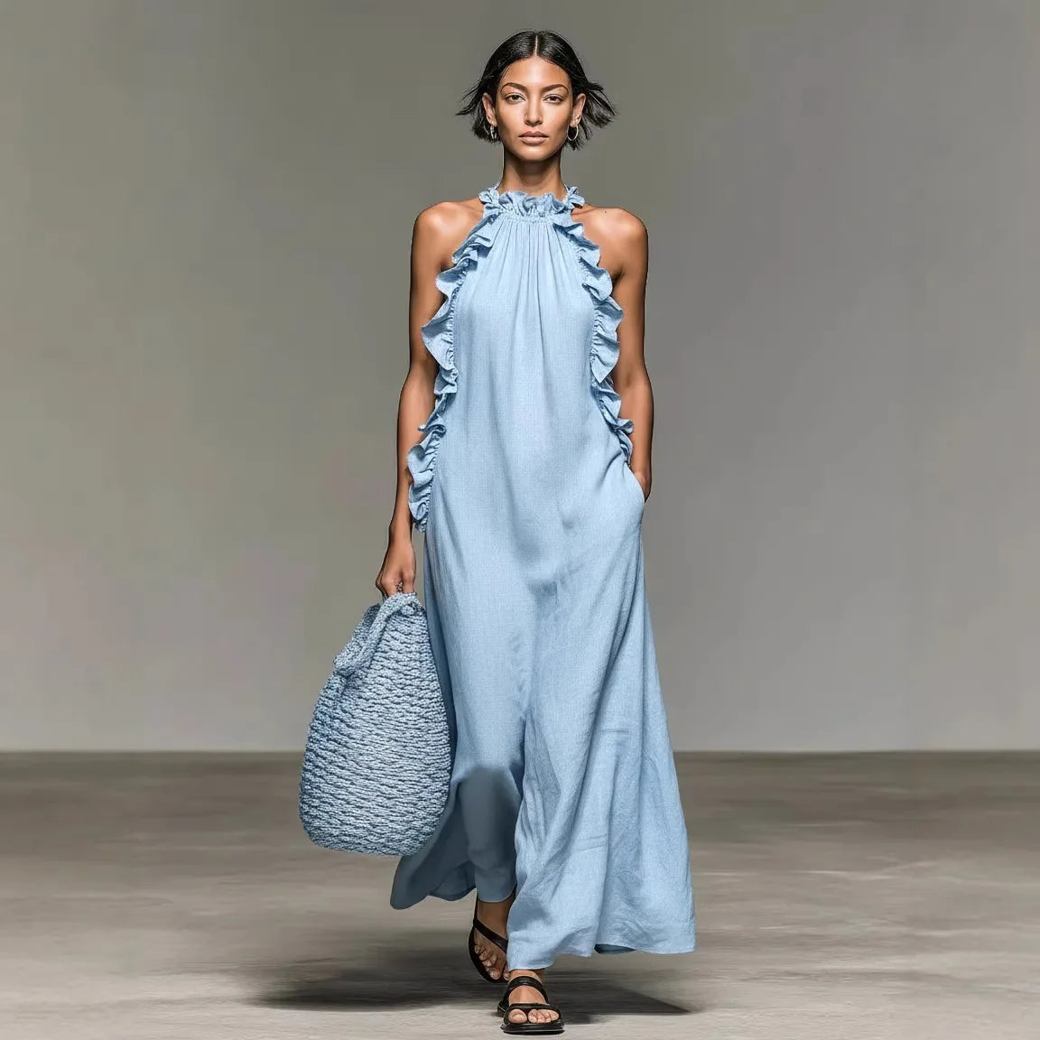 Vestido Velisse™ com Acabamento em Babados e Caimento Solto / A modelagem acompanha o corpo sem marcar a silhueta.