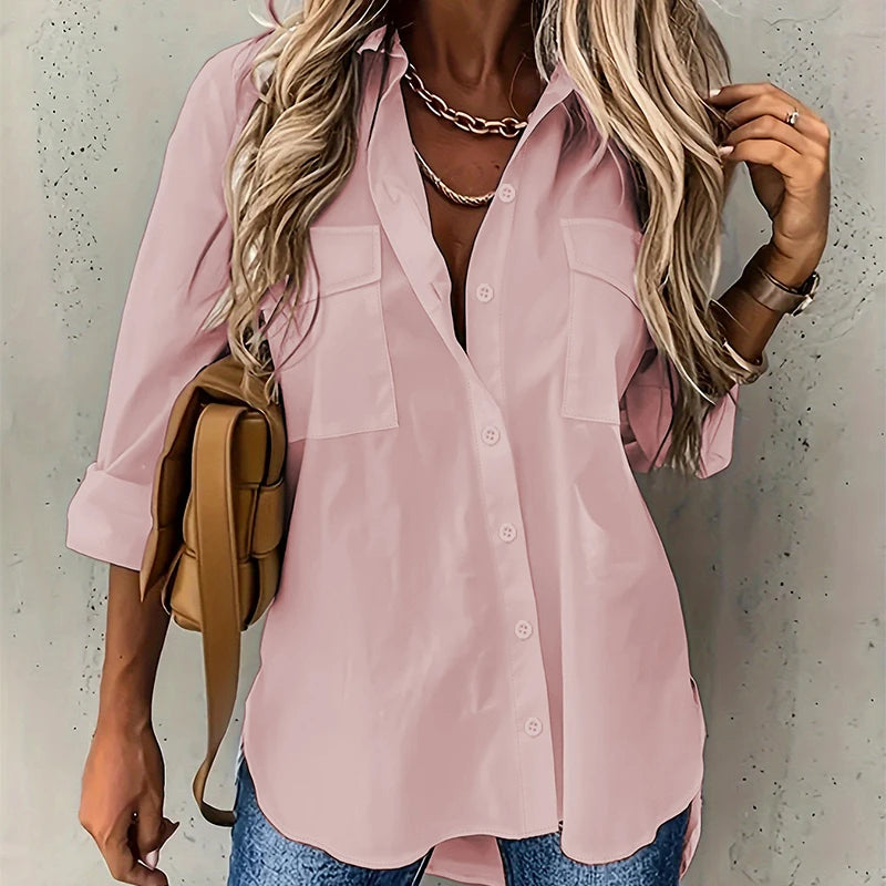 Camisa Lisanne™ Com Bolsos Frontais No Busto e Caimento Solto / Leveza Que Veste Sem Marcar