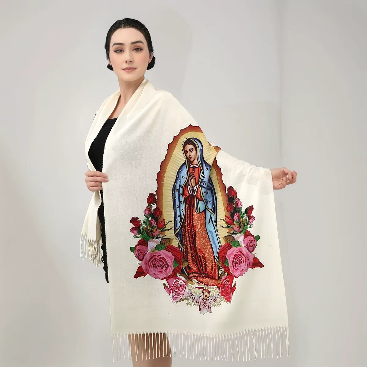 Cachecol Guadalupe™ em Cashmere com Acabamento Artesanal e Franjas Delicadas