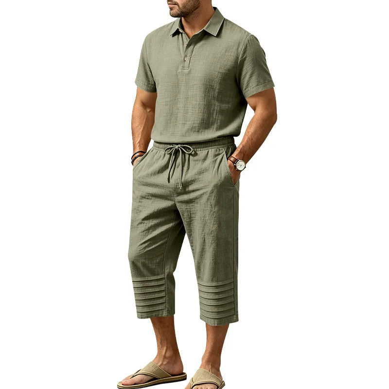 Conjunto Nicolas™ em Linho de Algodão com Camisa Polo de Manga Curta e Bermuda com Cós Elástico e Cordão