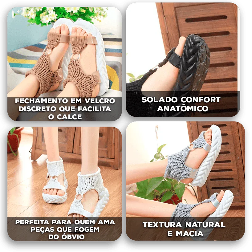 Sandália Livorno™ com Tiras em Tricô Artesanal e Solado Confort / Estilo Natural com Toque Contemporâneo para Seus Dias de Leveza!