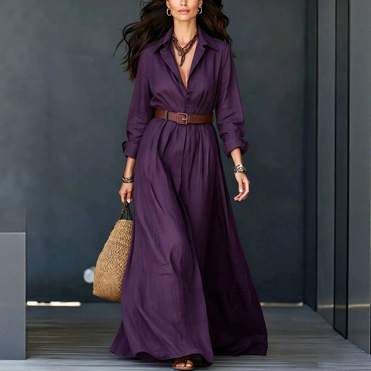 Vestido Delfina™ com Gola Elegante, Botões Minimalistas e Cinto de Brinde