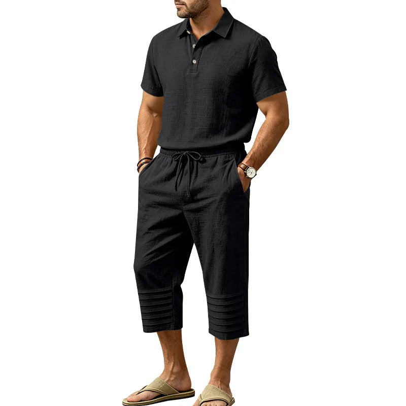 Conjunto Nicolas™ em Linho de Algodão com Camisa Polo de Manga Curta e Bermuda com Cós Elástico e Cordão