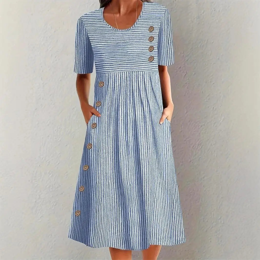 Vestido Elvanna™ com Estampa de Listras Delicadas e Botões Decorativos Chiques / Charme Retrô Para Um Visual Feminino