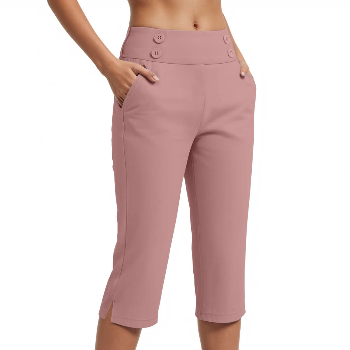 Calça Capri Simone™ com Botões Decorativos no Cós, Cintura Alta e Bolsos Laterais