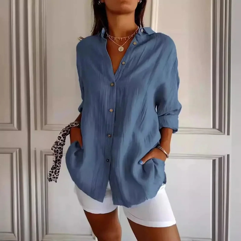 [Liquidação: Compre 1 e Leve 3] Camisa Ibiza™ em Linho de Algodão com Design Semi Plissado / Conforto e Estilo que Abraçam a Mulher Elegante!