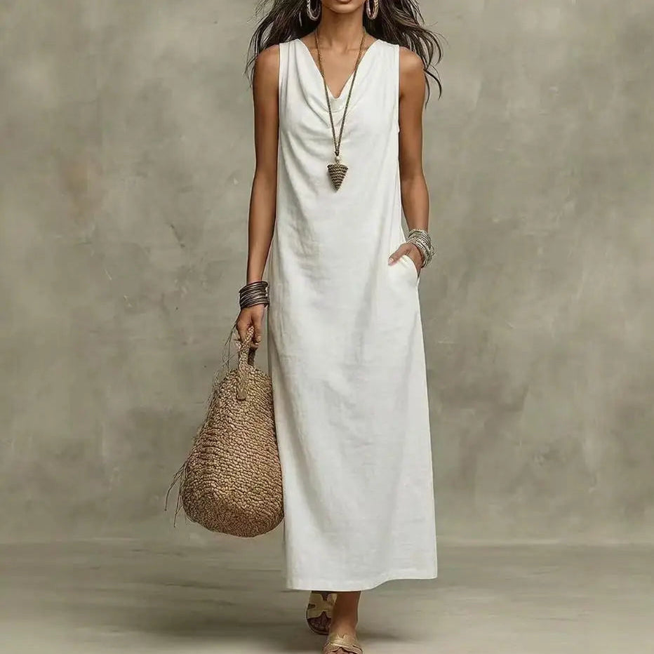 Vestido Aveline™ com Decote Drapeado, Caimento Soltinho e Bolsos Laterais