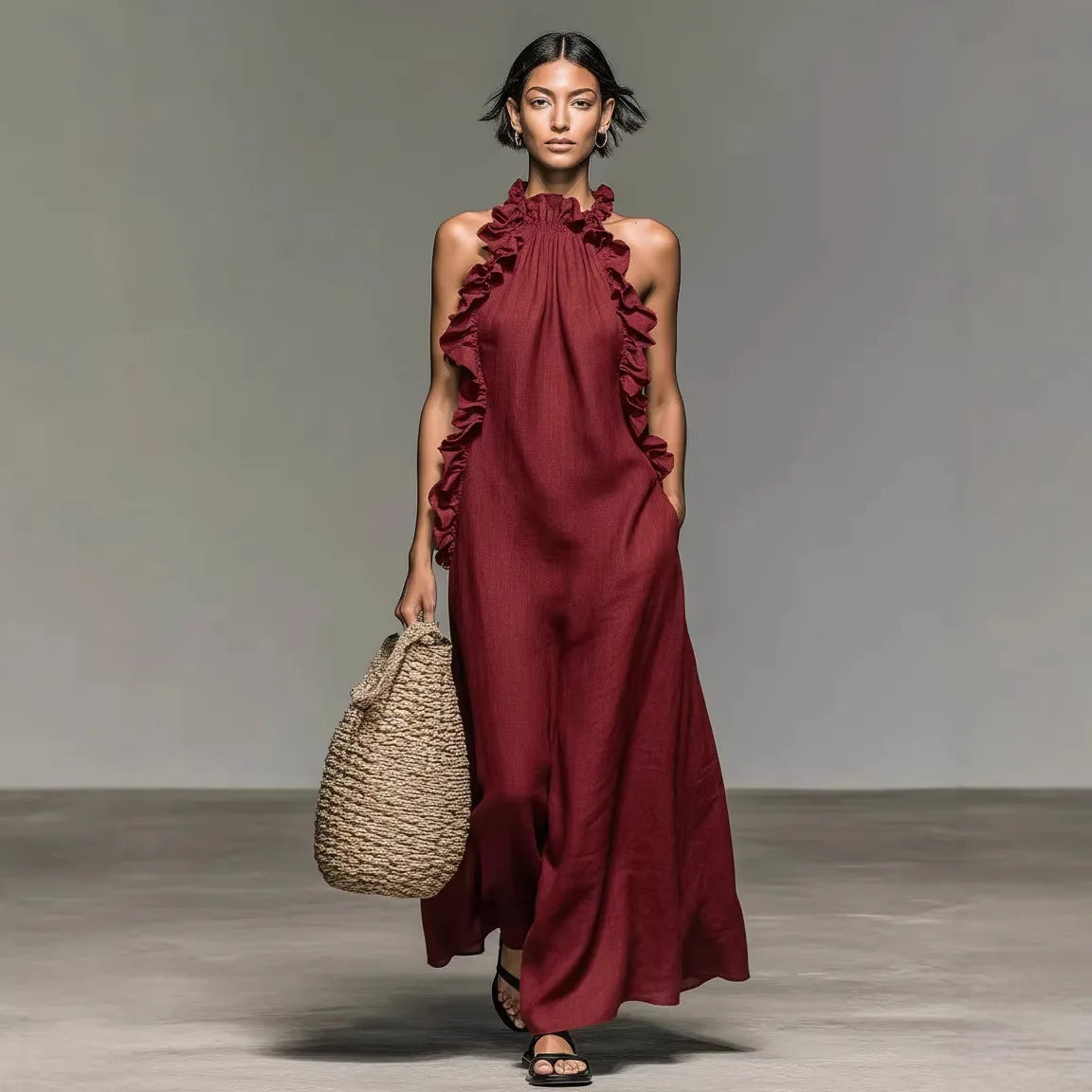 Vestido Velisse™ com Acabamento em Babados e Caimento Solto / A modelagem acompanha o corpo sem marcar a silhueta.
