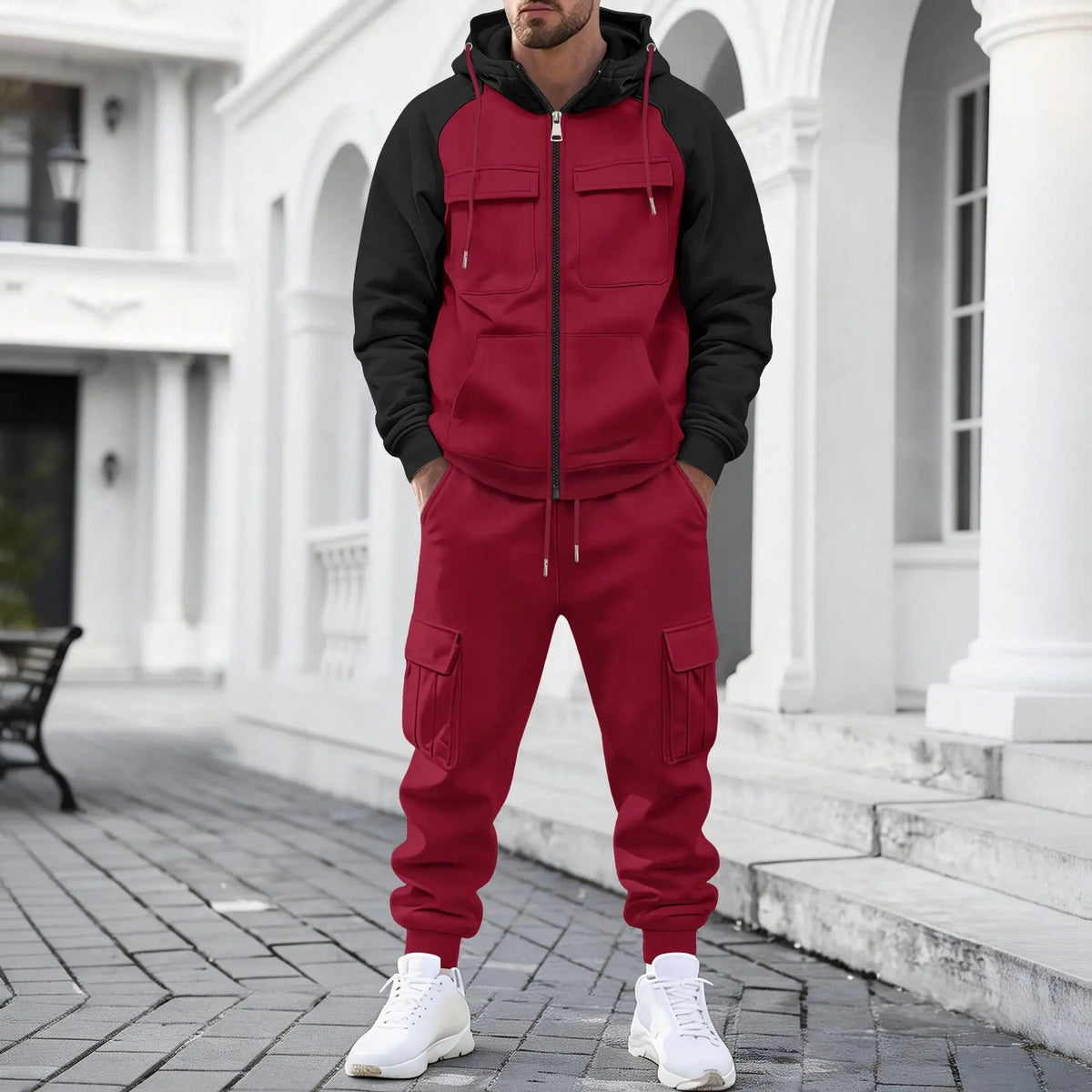 Conjunto Lennox™ com Jaqueta Bicolor de Zíper Metálico e Calça Cargo Jogger / Contraste Marcante e Corte Esportivo Para Um Visual Mais Imponente