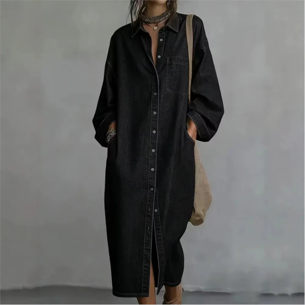 Vestido Chemise Colmar™ em Jeans com Gola Clássica e Fechamento Frontal por Botões